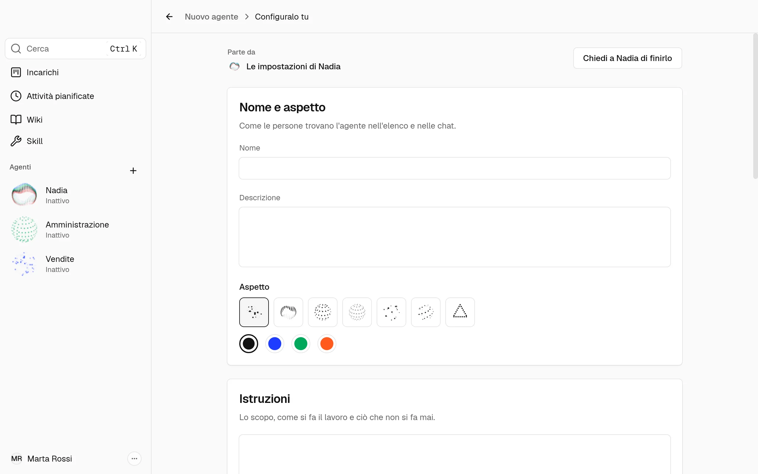 La pagina Configuralo tu, con Nome e aspetto e Istruzioni.