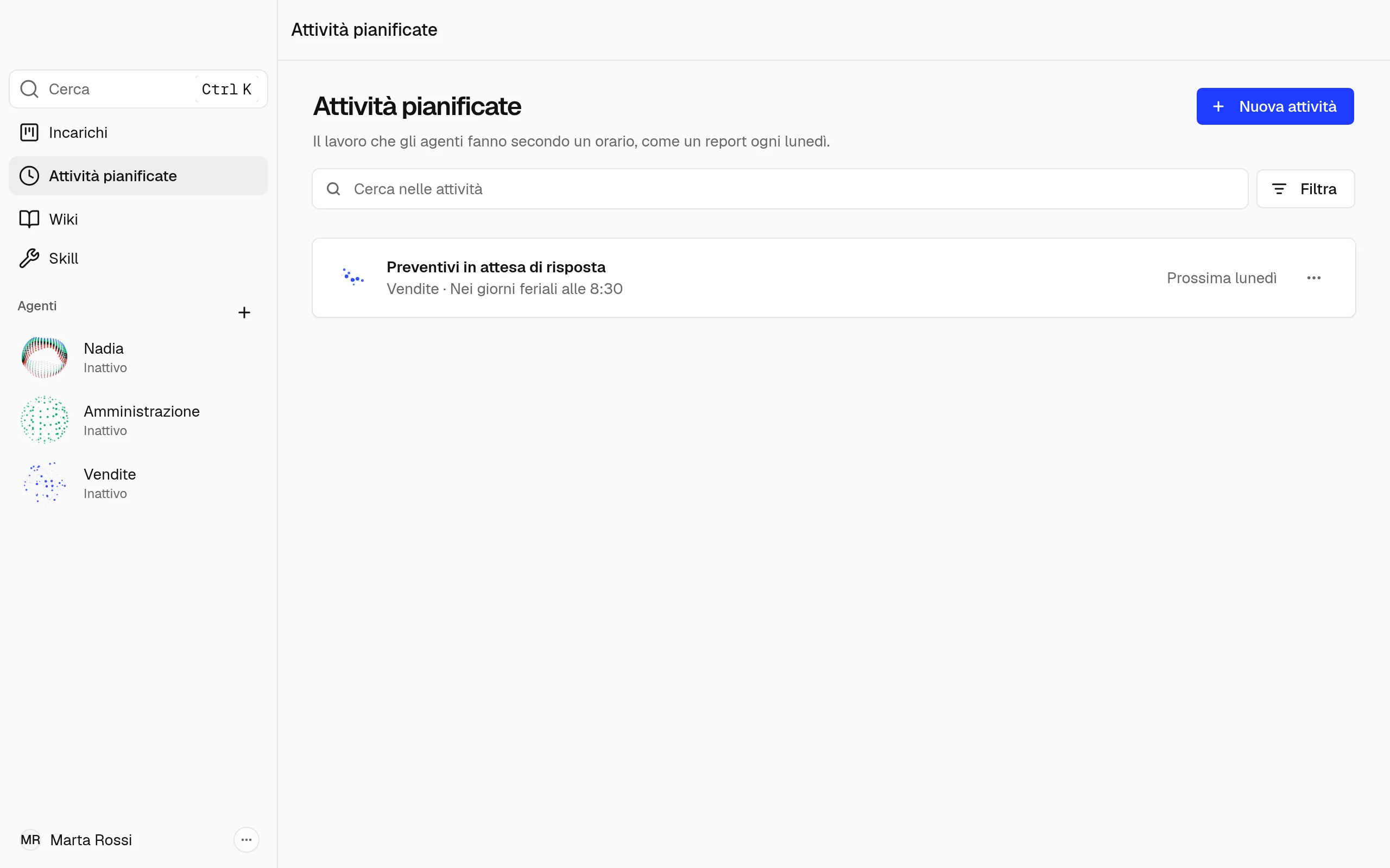 La pagina Attività pianificate, con un'attività dell'agente Vendite nei giorni feriali alle 8:30.
