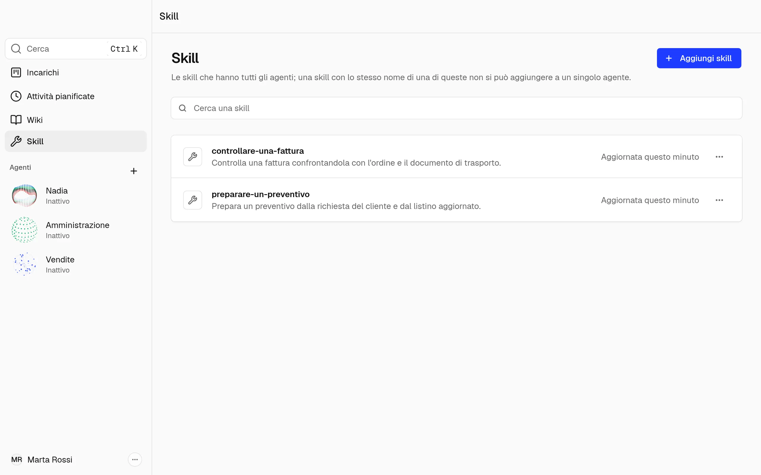 La pagina Skill dell'azienda, con tre skill e i pulsanti Aggiorna tutte e Aggiungi skill.