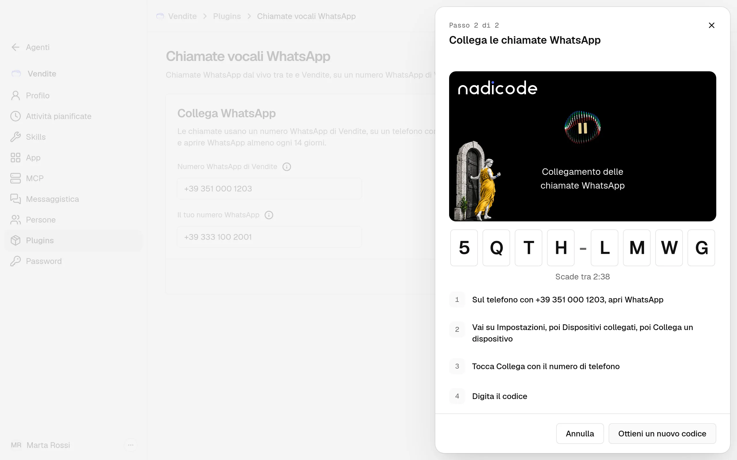 Il pannello Collega le chiamate WhatsApp per l'agente Vendite, con il codice di collegamento, il tempo prima che scada e i quattro passaggi da fare sul telefono.
