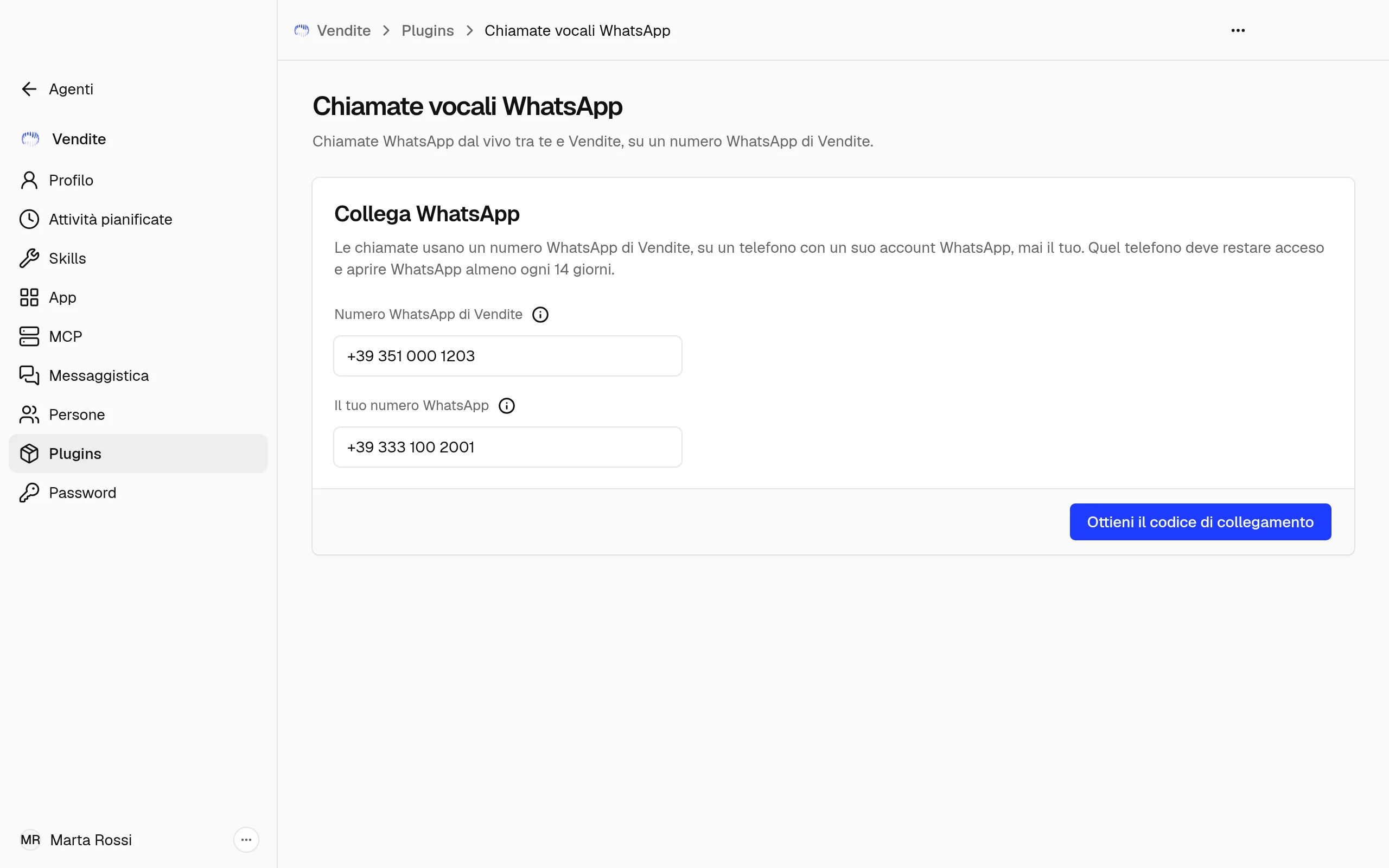 La pagina Chiamate vocali WhatsApp dell'agente Vendite di Officina Rossi, prima del collegamento: la sezione Collega WhatsApp con il numero WhatsApp dell'agente, Il tuo numero WhatsApp e Ottieni il codice di collegamento.