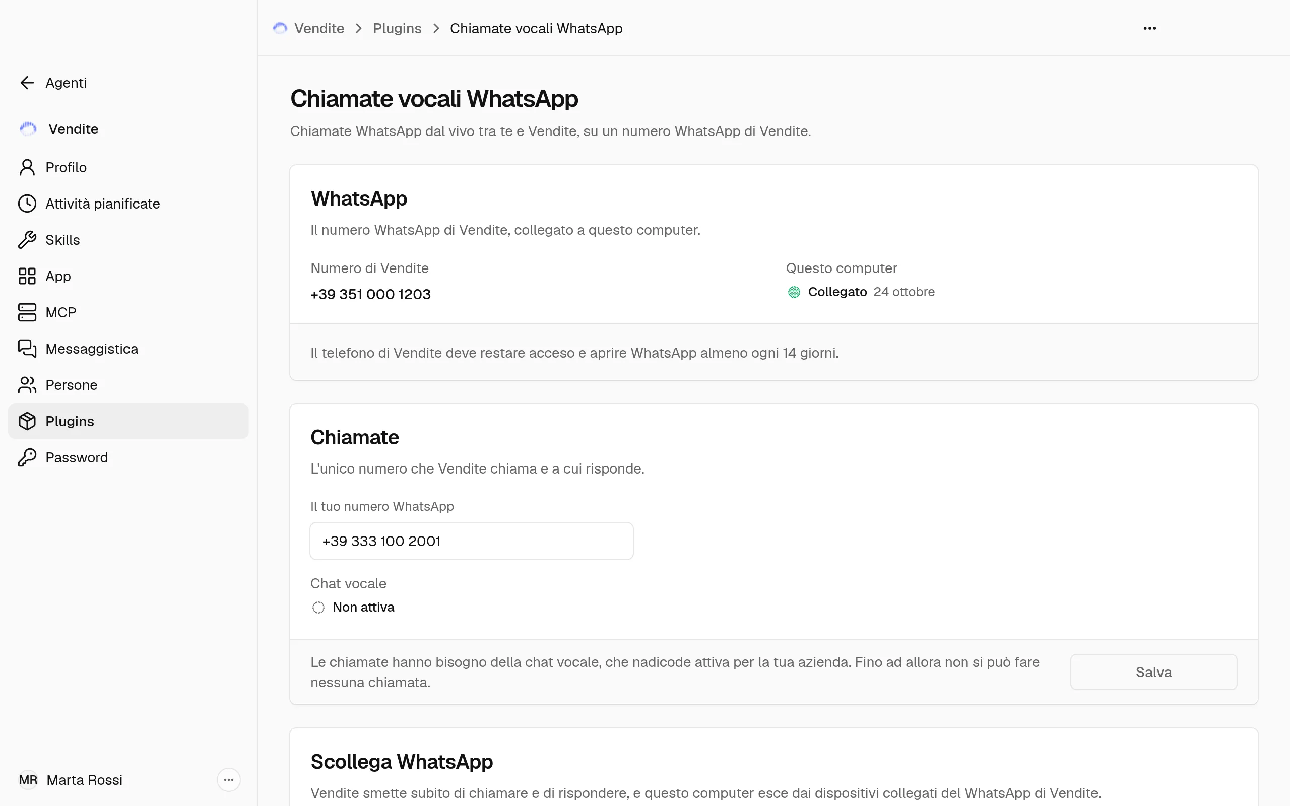 La pagina Chiamate vocali WhatsApp dell'agente Vendite dopo il collegamento: il suo numero, Questo computer Collegato, la sezione Chiamate con Il tuo numero WhatsApp e Chat vocale Attiva, e Scollega WhatsApp.