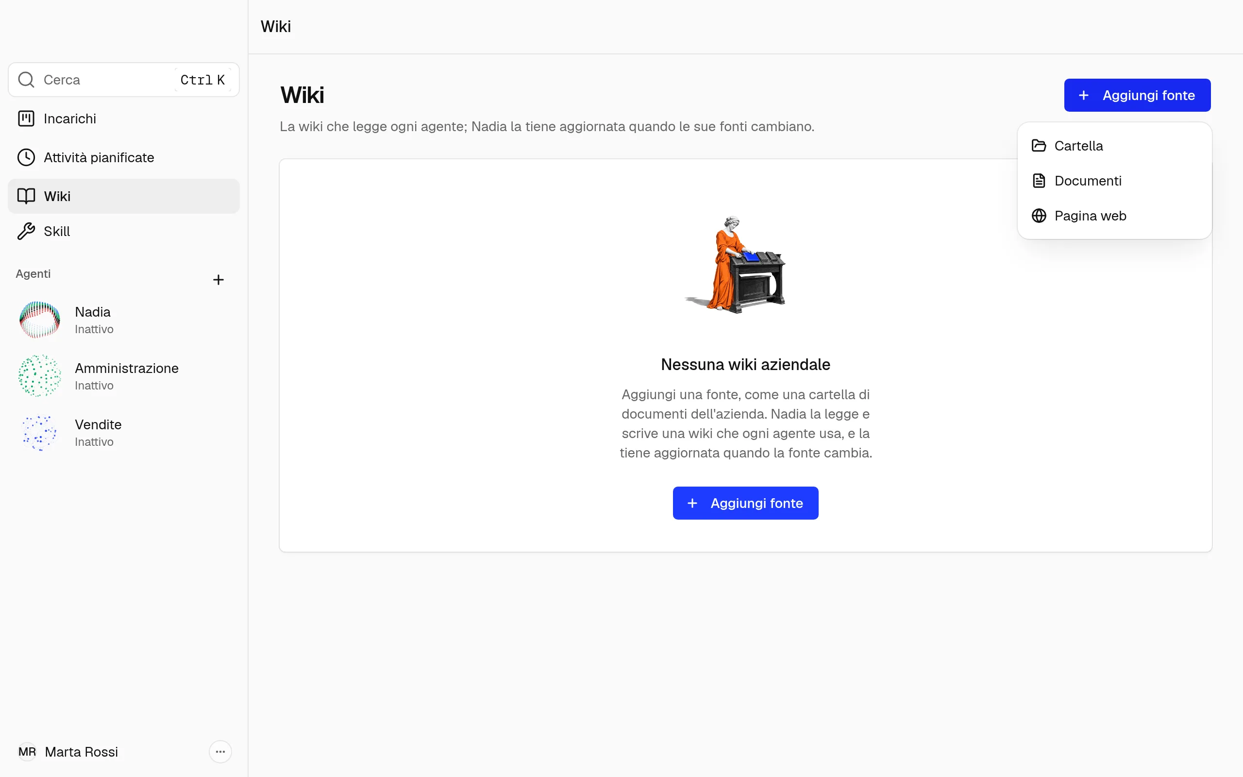 Il menu Aggiungi fonte aperto sulla pagina Wiki, con Cartella, Documenti e Pagina web.