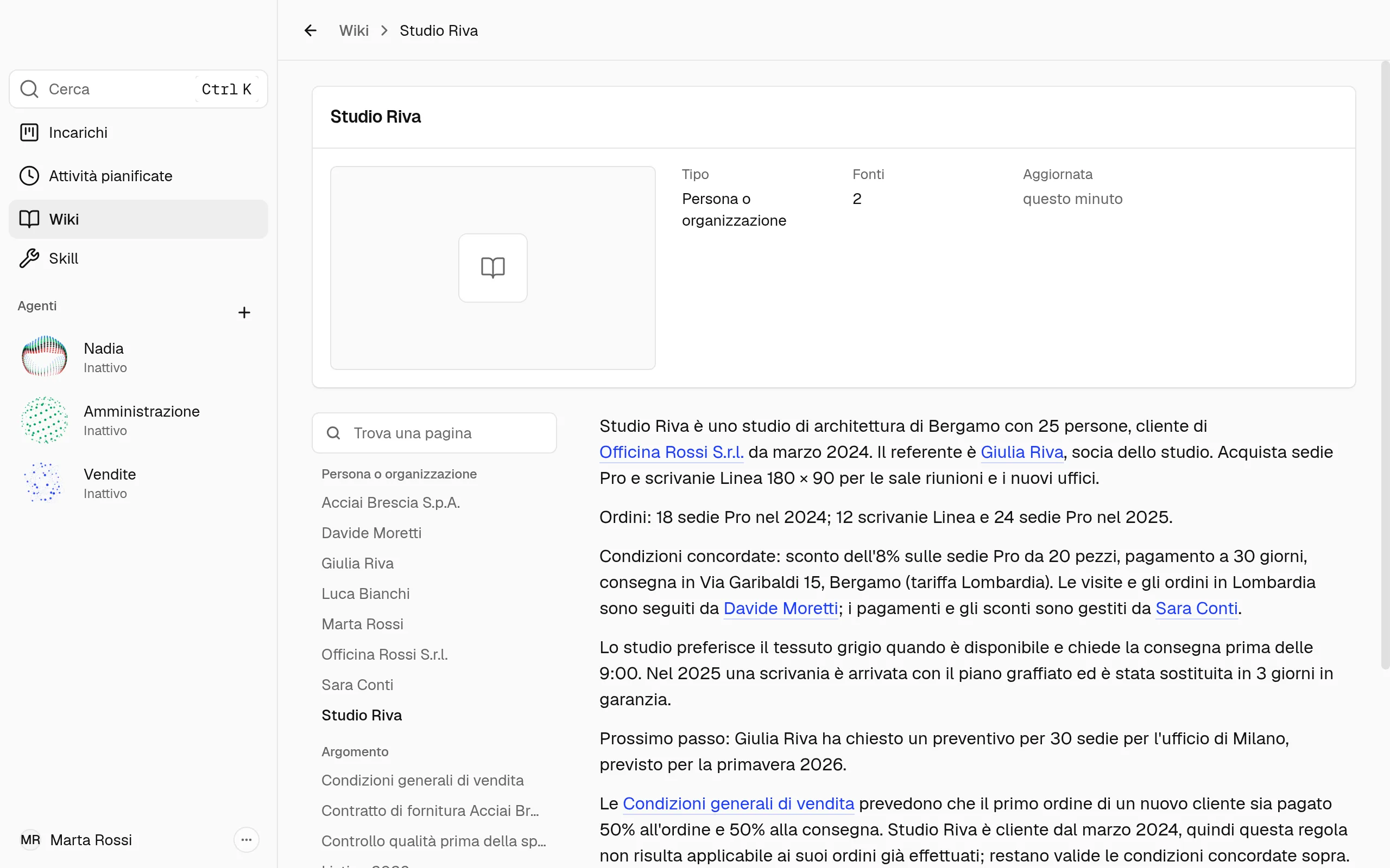 Una pagina della wiki su un cliente, Studio Riva, con l'elenco delle pagine a sinistra.
