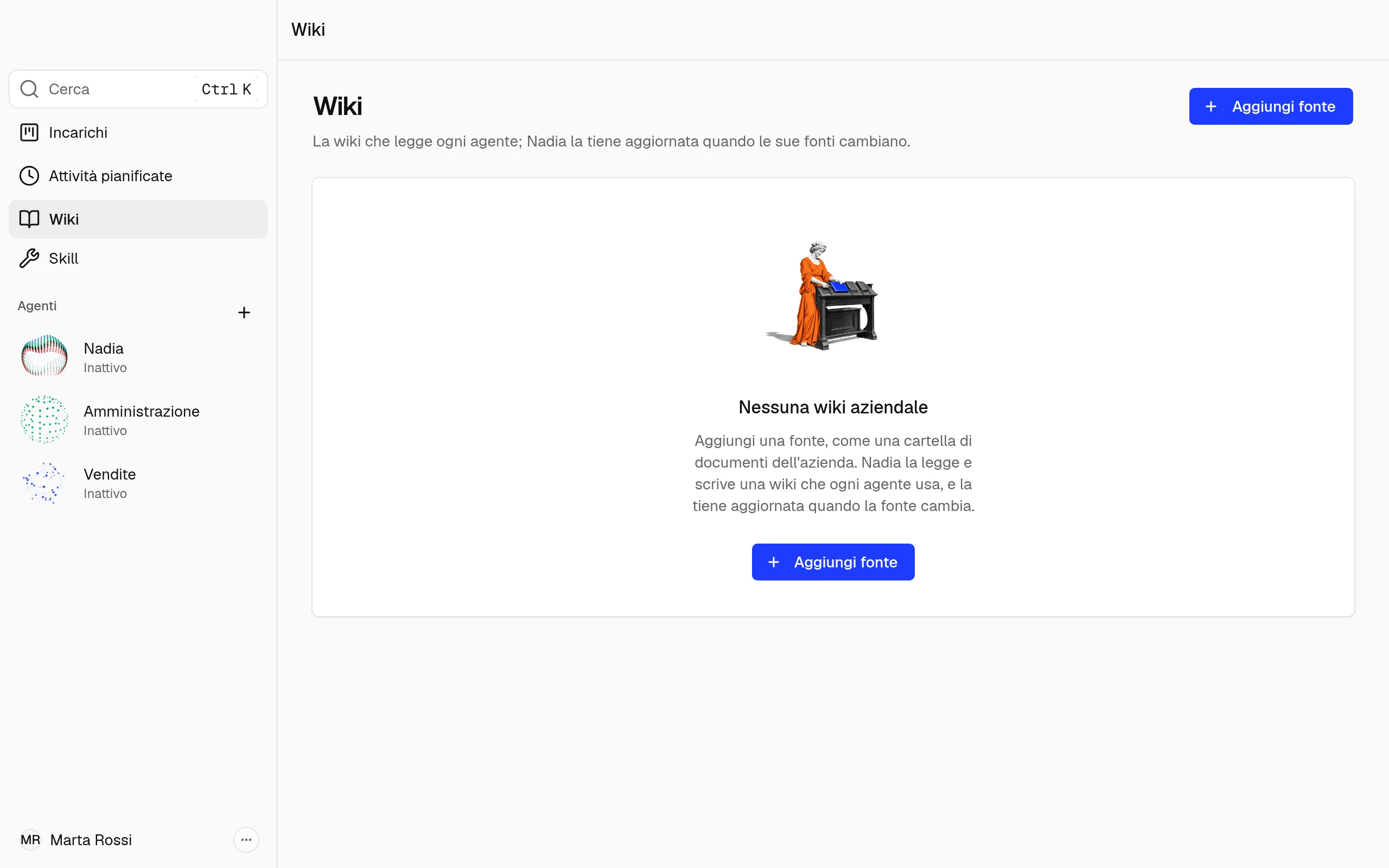 La pagina Wiki prima che ci sia una fonte, con il pulsante Aggiungi fonte.