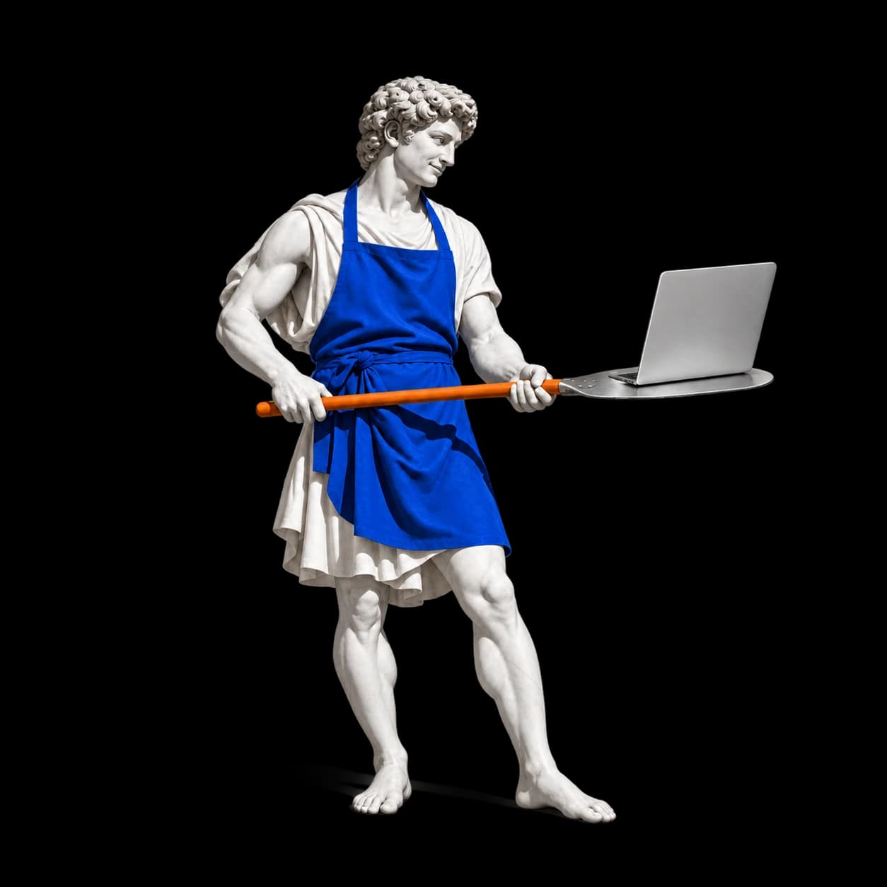 Un pizzaiolo in marmo serve un portatile su una pala da pizza: software su ordinazione.